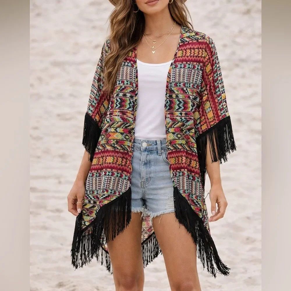LOVE Tease Aztec Print Fringe Kimono Open Front Boho Size M